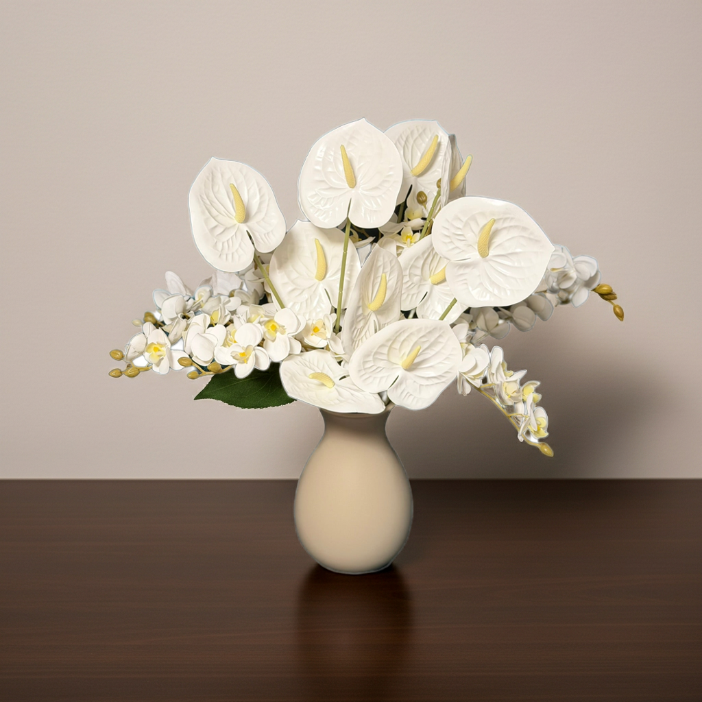 Anthurium si orhidee in vaza - Decor cu flori artificiale