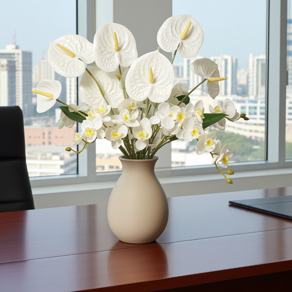 Anthurium si orhidee in vaza - Decor cu flori artificiale